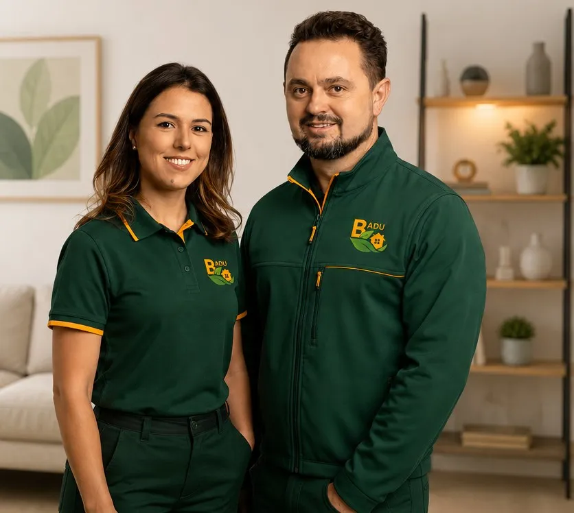 Zwei Mitarbeitende von Badu Facility Services in Firmenkleidung